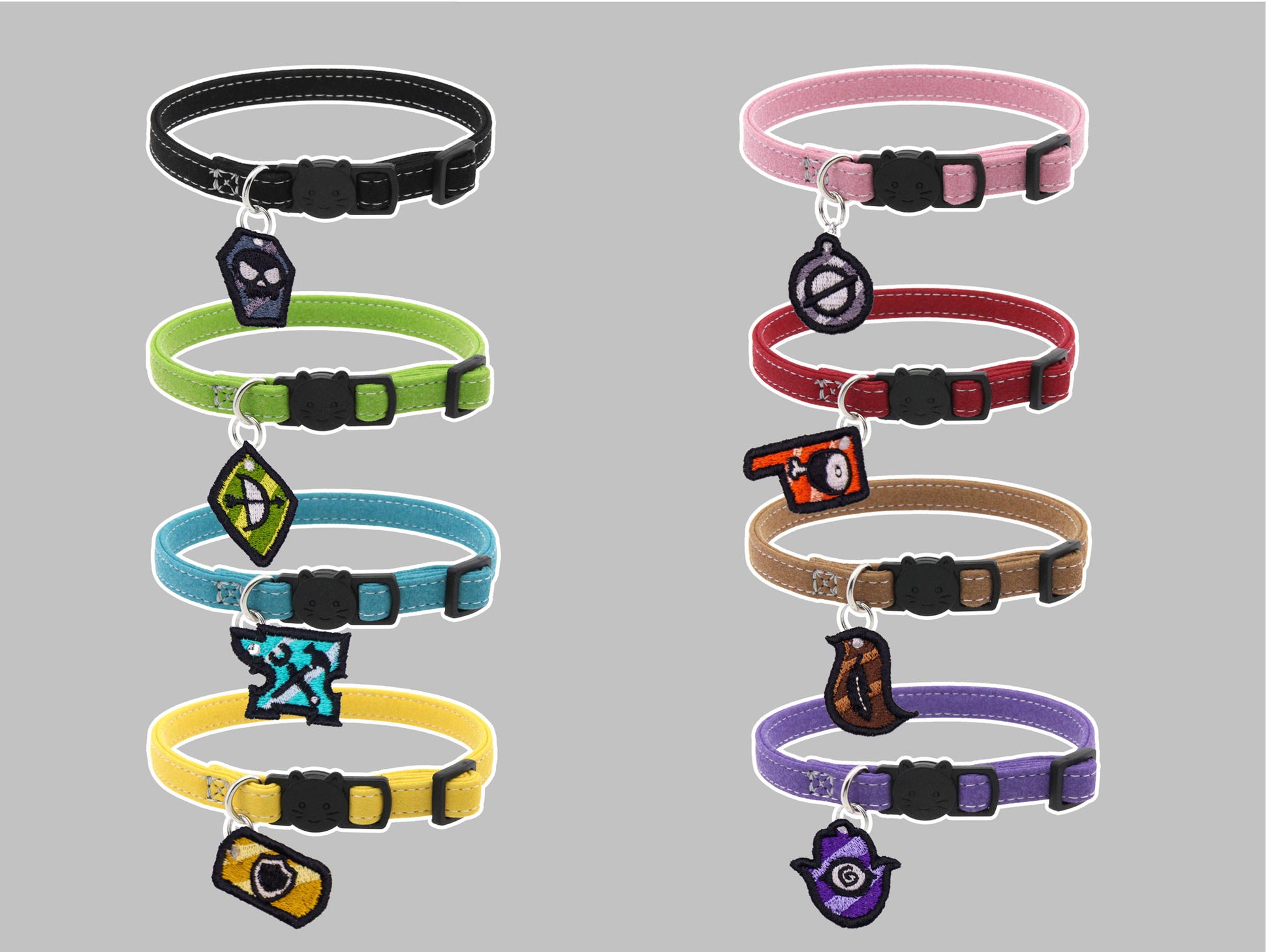 Collection of colorful pet collars with unique designs on a gray background